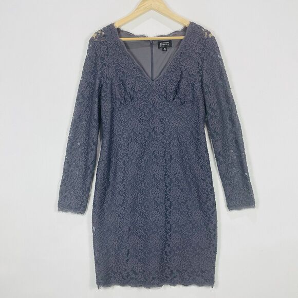 Adrianna Papell Evening Charcoal‎ Grey Lace Long Sleeve Lined Dress Women's 12 - Picture 1 of 7